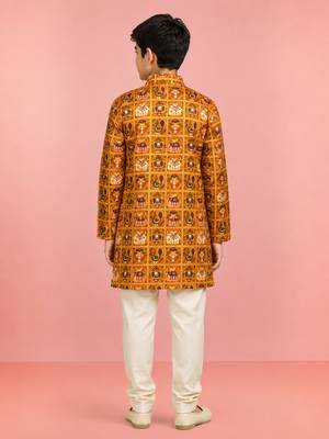 Boys yellow rayon patola printed kurta pyjama set 4