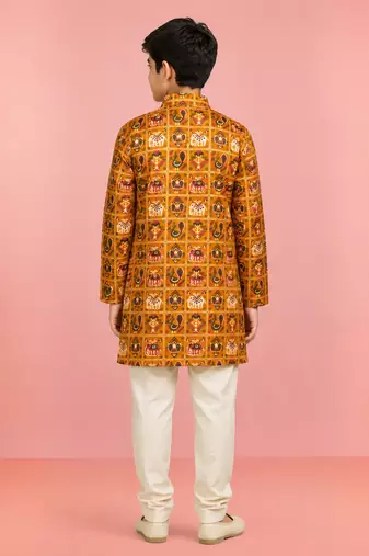 Boys yellow rayon patola printed kurta pyjama set