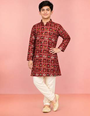 Boys red rayon patola printed kurta pyjama set 1