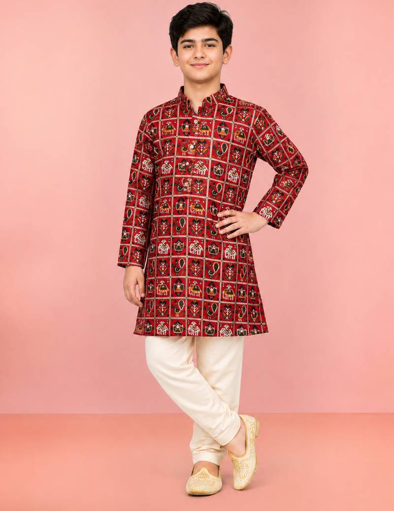 Boys red rayon patola printed kurta pyjama set