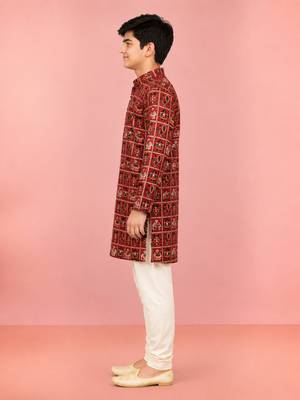 Boys red rayon patola printed kurta pyjama set 3
