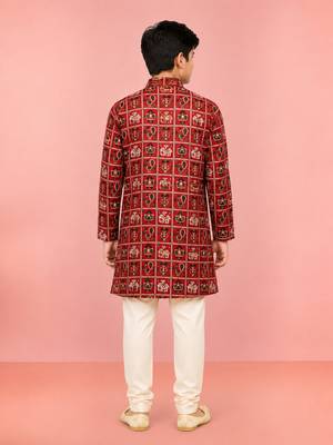 Boys red rayon patola printed kurta pyjama set 4
