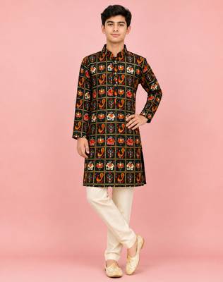 Boys blue rayon patola printed kurta pyjama set 1