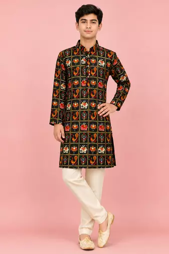 Boys blue rayon patola printed kurta pyjama set