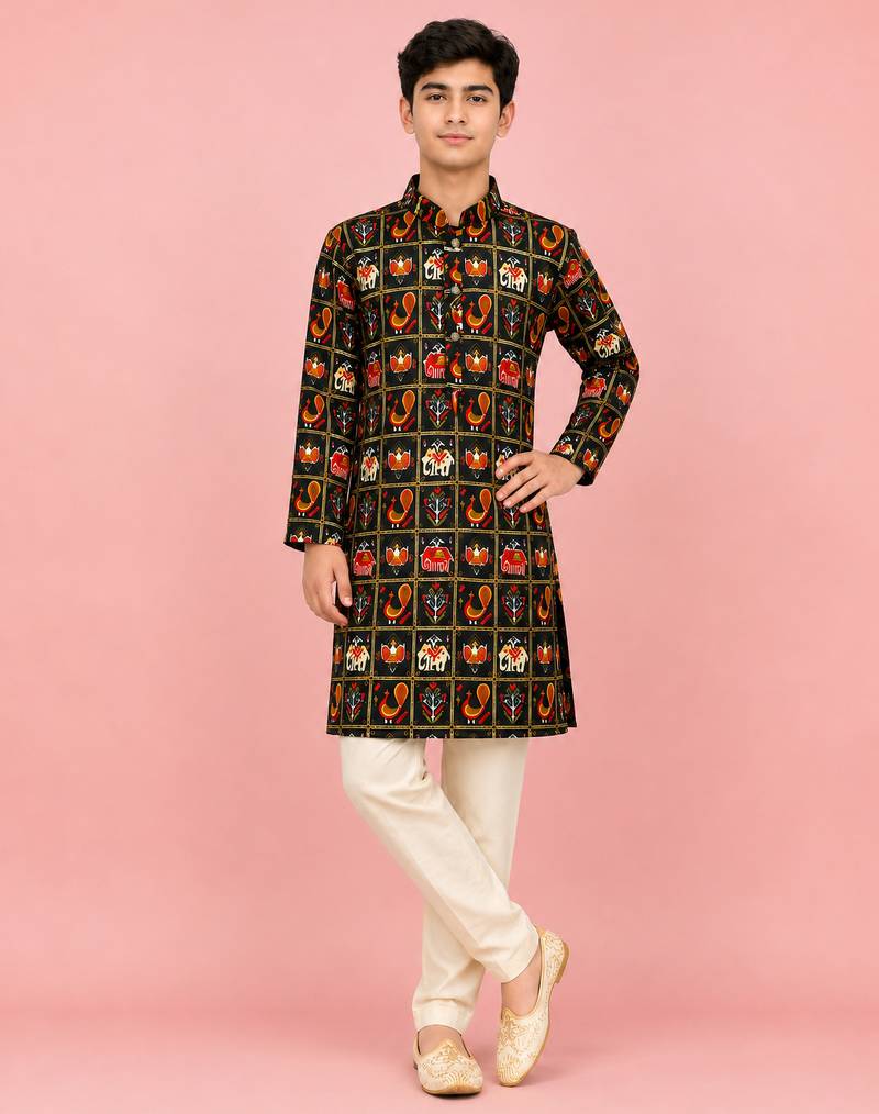 Boys blue rayon patola printed kurta pyjama set