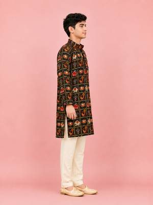Boys blue rayon patola printed kurta pyjama set 3