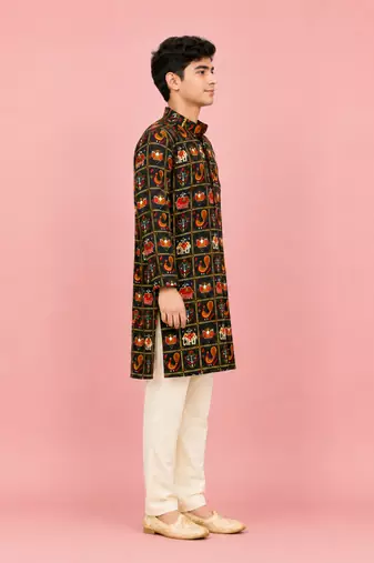 Boys blue rayon patola printed kurta pyjama set