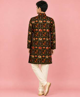 Boys blue rayon patola printed kurta pyjama set 4