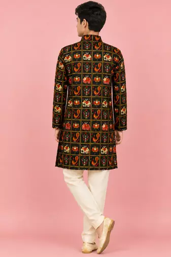 Boys blue rayon patola printed kurta pyjama set