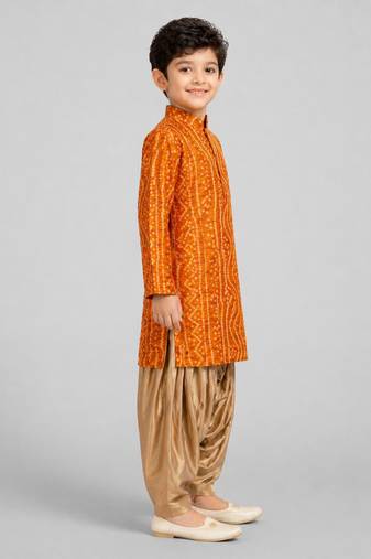 Boys mustard cotton bandhani kurta patiala set