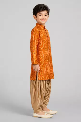 Boys mustard cotton bandhani kurta patiala set