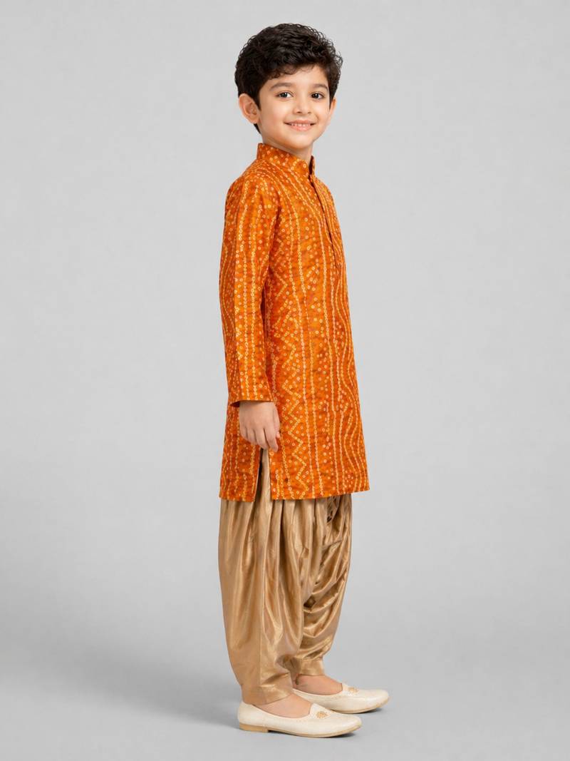 Boys mustard cotton bandhani kurta patiala set