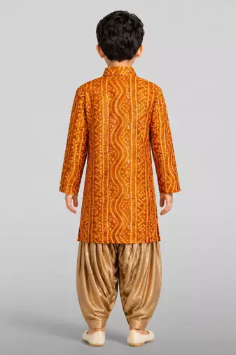 Boys mustard cotton bandhani kurta patiala set