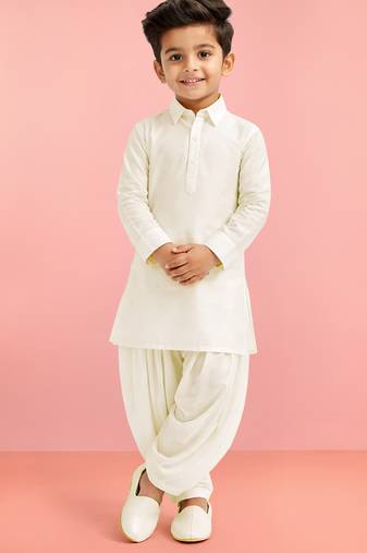 cream plain viscose silk kurta patiala set for boys