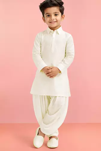 Boys cream viscose silk kurta patiala set | solid mandarin collar | eid casual ethnic wear