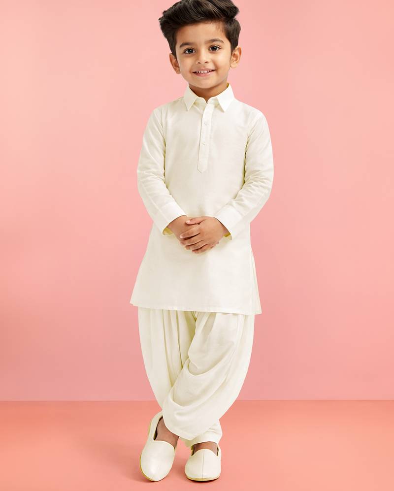 Boys cream viscose silk kurta patiala set | solid mandarin collar | eid casual ethnic wear