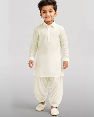 Boys cream viscose silk kurta patiala set | solid mandarin collar | eid casual ethnic wear 3