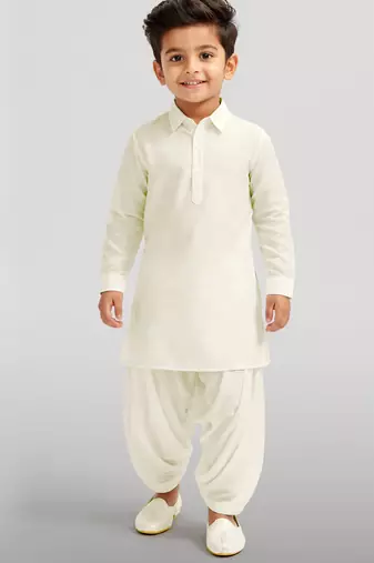Boys cream viscose silk kurta patiala set | solid mandarin collar | eid casual ethnic wear