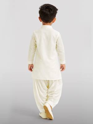 Boys cream viscose silk kurta patiala set | solid mandarin collar | eid casual ethnic wear 4