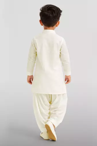 Boys cream viscose silk kurta patiala set | solid mandarin collar | eid casual ethnic wear