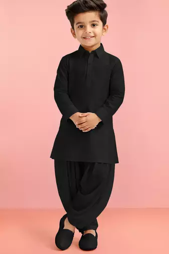 Boys black viscose silk kurta patiala set
