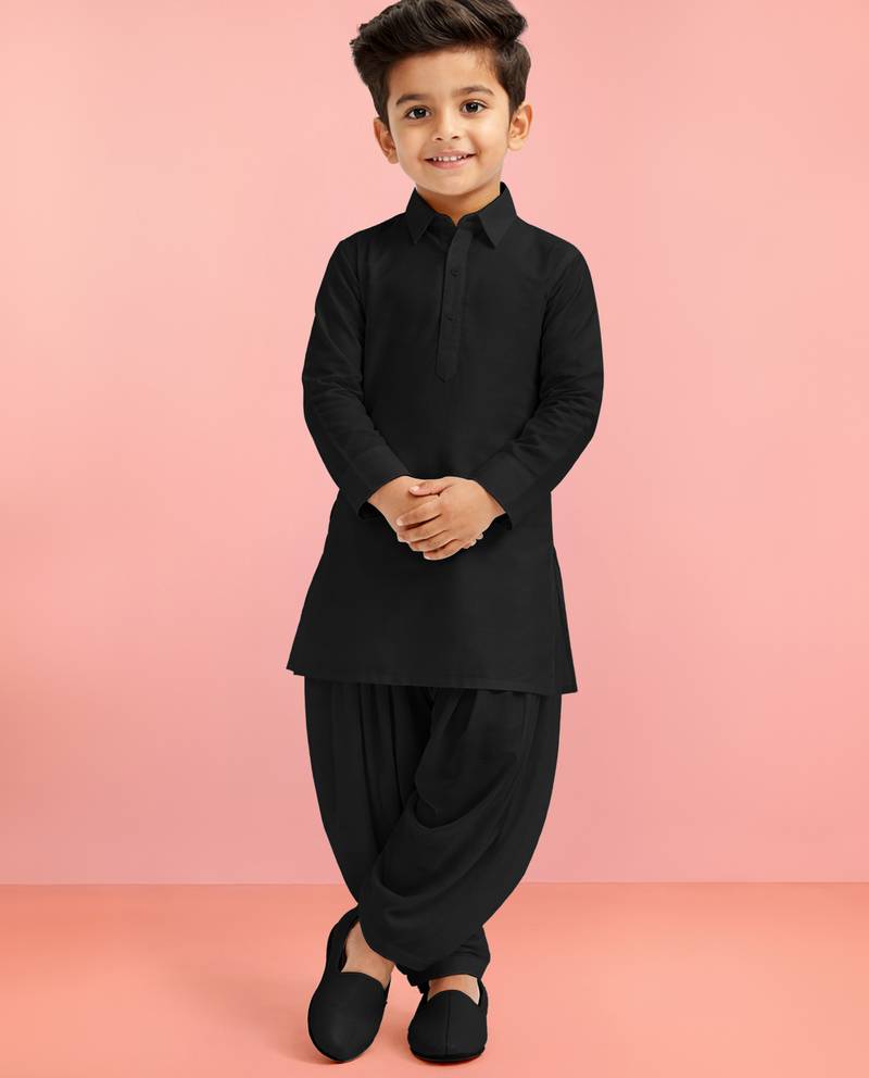 Boys black viscose silk kurta patiala set
