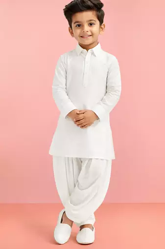 Boys white viscose silk kurta patiala set