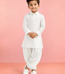 Boys white viscose silk kurta patiala set