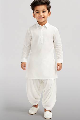 white plain viscose silk kurta patiala set for boys