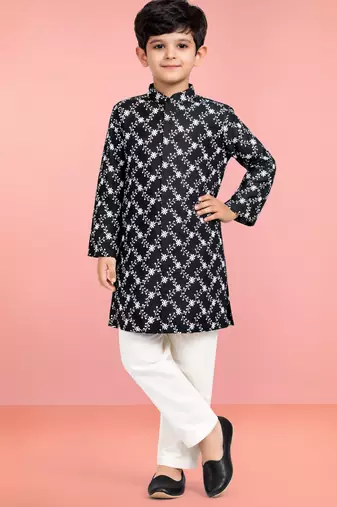 Boys black cotton kurta pyjama set with floral thread embroidery