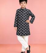 Boys black cotton kurta pyjama set with floral thread embroidery