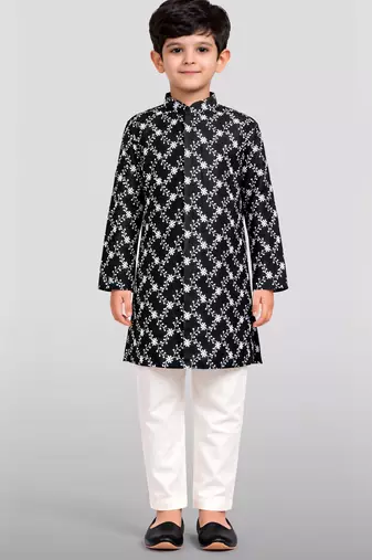 Boys black cotton kurta pyjama set with floral thread embroidery