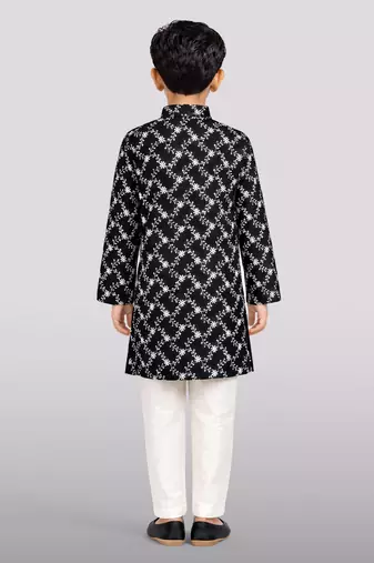 Boys black cotton kurta pyjama set with floral thread embroidery