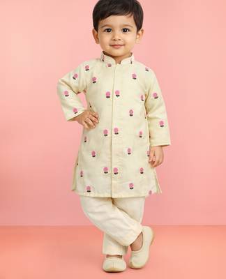 Baby boys yellow pure cotton embroidered kurta pyjama set 1