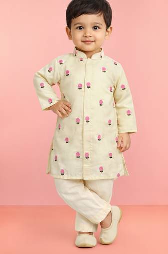 Baby boys yellow pure cotton embroidered kurta pyjama set