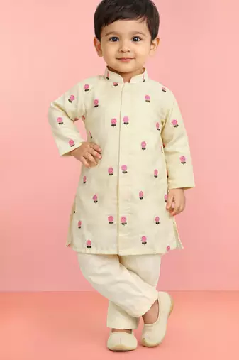 Baby boys yellow pure cotton embroidered kurta pyjama set