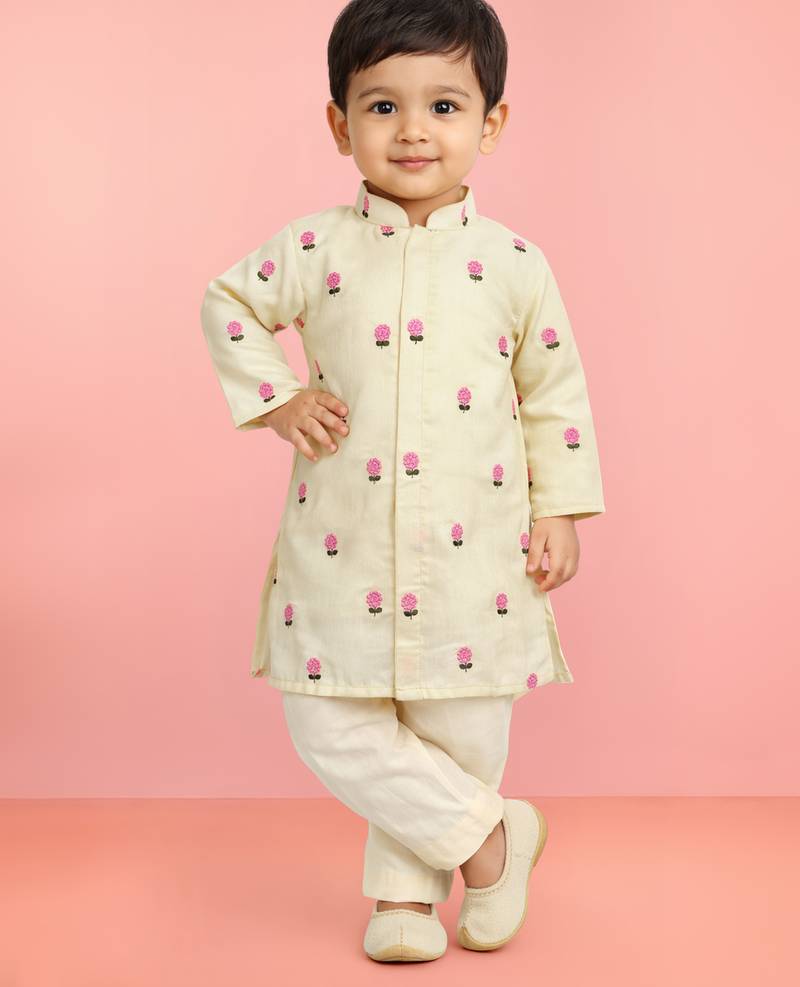 Baby boys yellow pure cotton embroidered kurta pyjama set
