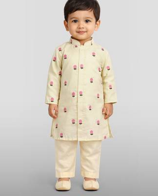 Baby boys yellow pure cotton embroidered kurta pyjama set 3