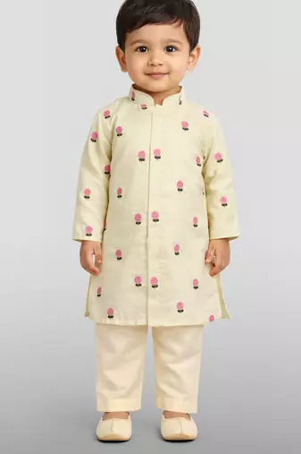 Baby boys yellow pure cotton embroidered kurta pyjama set