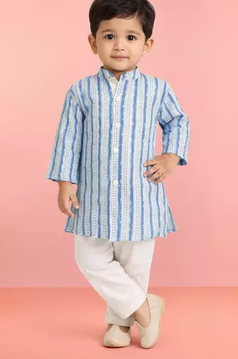 Baby boys blue pure cotton printed kurta pyjama set