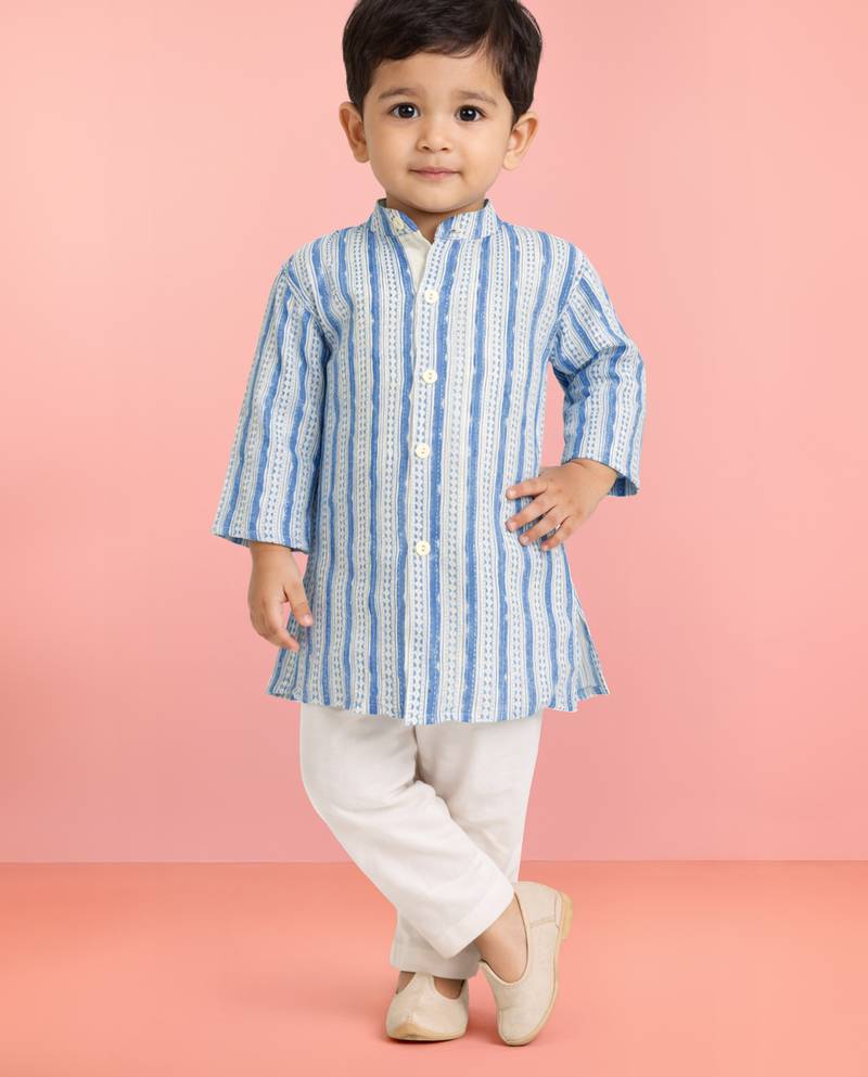 Baby boys blue pure cotton printed kurta pyjama set