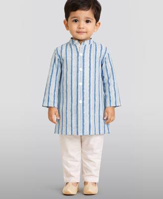 Baby boys blue pure cotton printed kurta pyjama set 3