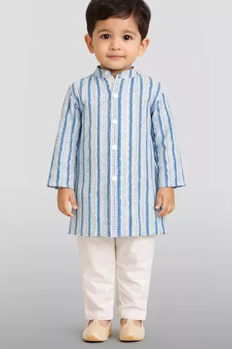 Baby boys blue pure cotton printed kurta pyjama set