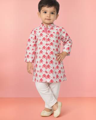 Baby boys pink pure cotton animal print kurta pyjama set 1