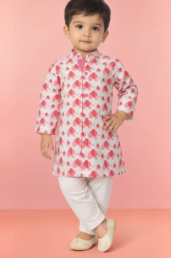 Baby boys pink pure cotton animal print kurta pyjama set