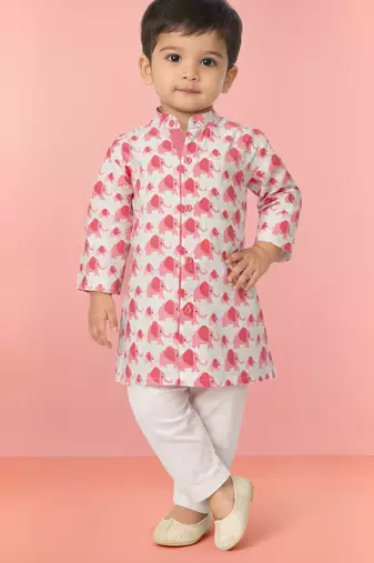 Baby boys pink pure cotton animal print kurta pyjama set