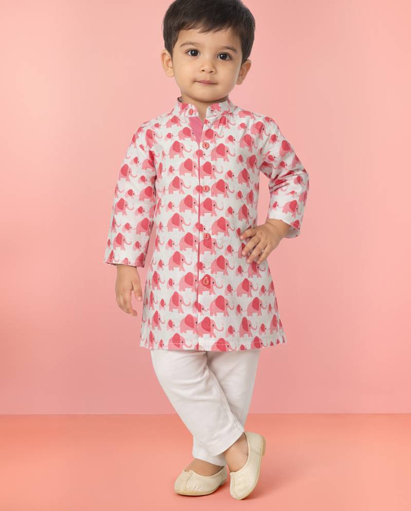 Baby boys pink pure cotton animal print kurta pyjama set