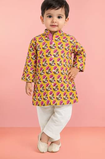 baby boys yellow pure cotton floral print kurta pyjama