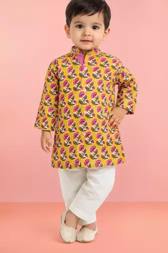 baby boys yellow pure cotton floral print kurta pyjama