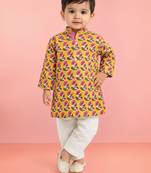 Baby boys yellow pure cotton floral print kurta pyjama set